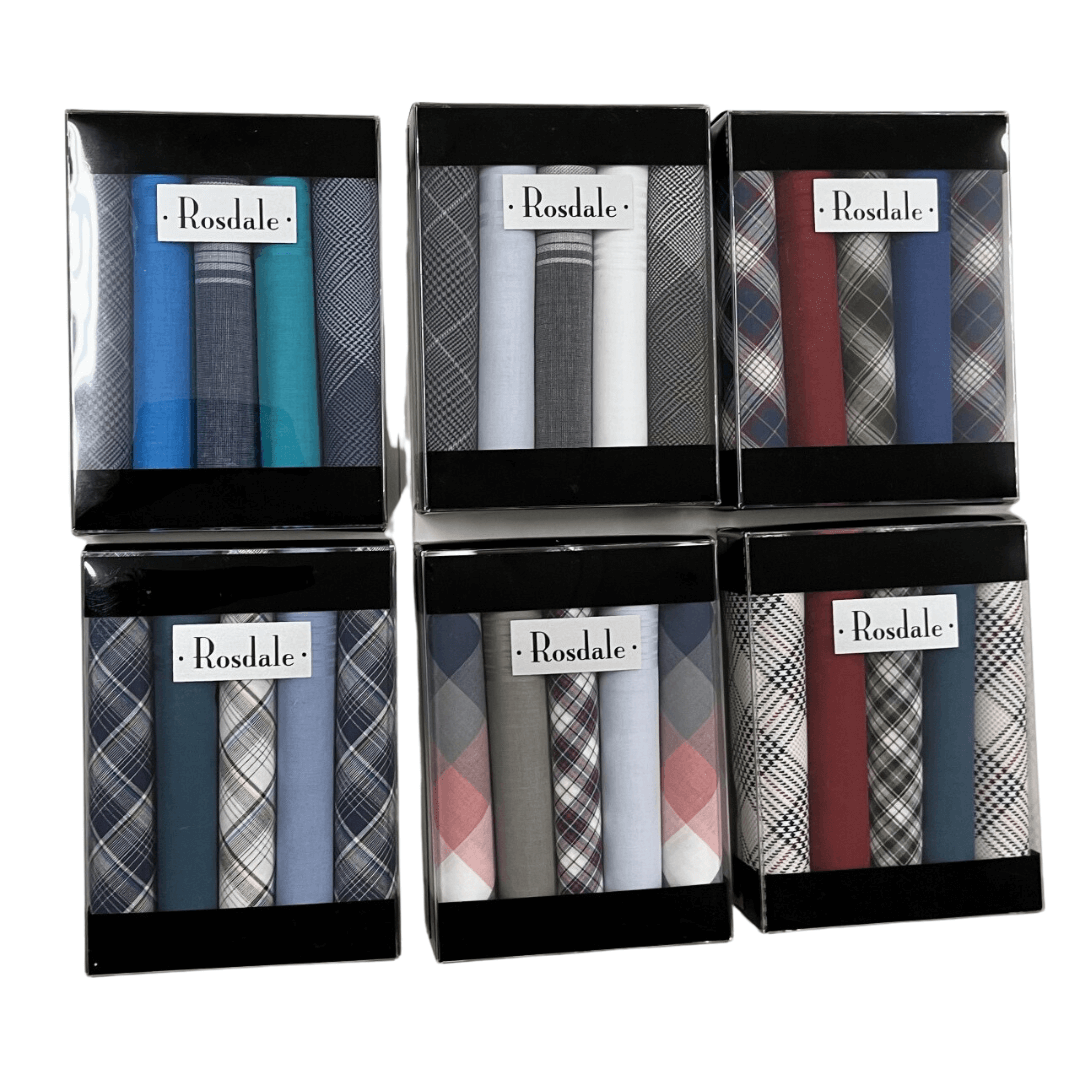 Stewarts Menswear Rosdale Handkerchiefs. Men's Quality 5 pack gift boxed check hankies. This box of 5 deluxe woven handkerchiefs have been sourced from Europe and made of 100% superior cotton with borders of Brocade, Damask and Jacquard, making this a perfect gift idea which can also be easily packaged for posting. These hankies come to us as assorted boxes, so particular colour sets cannot be guaranteed.
