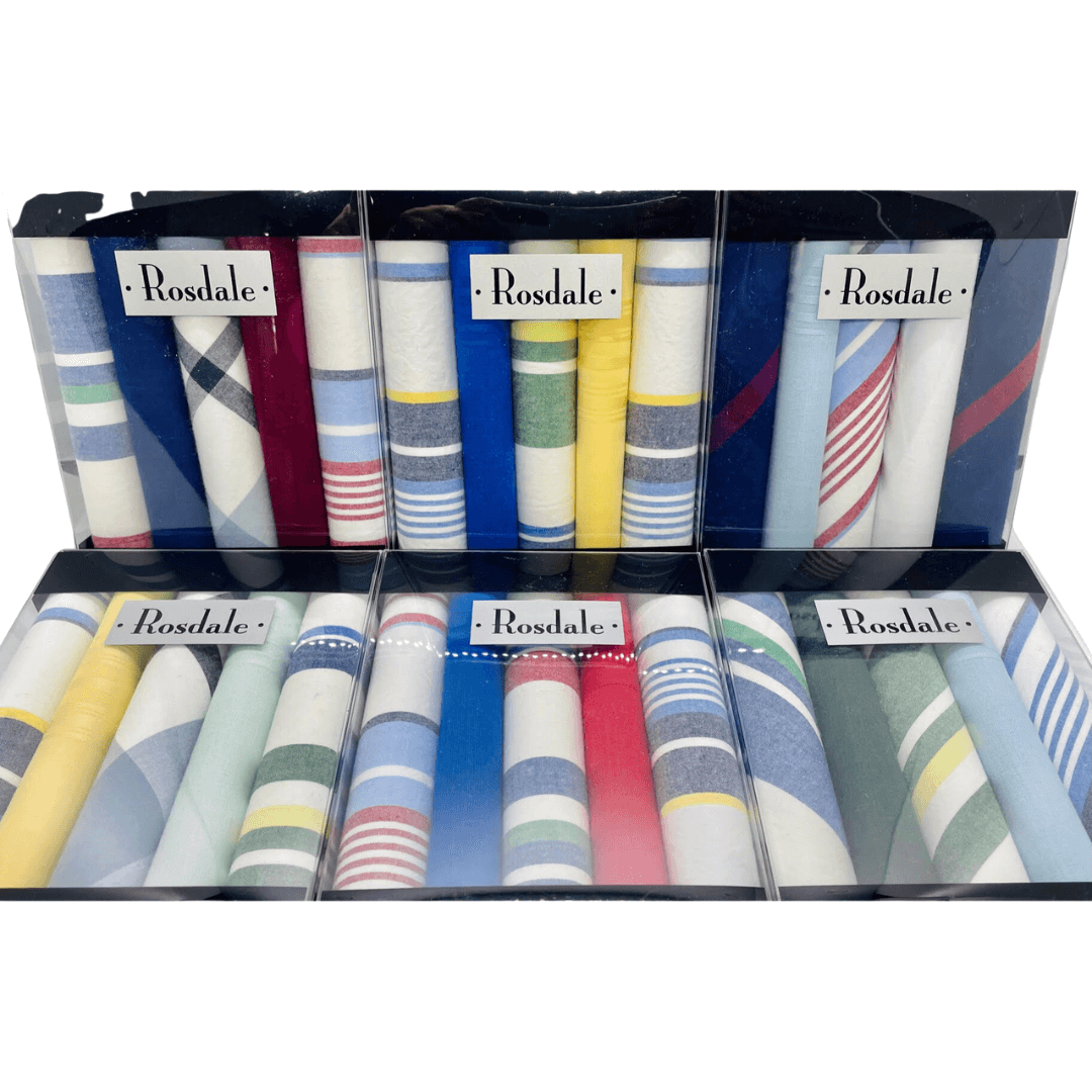 Stewart's Menswear Rosdale Handkerchiefs. Men's quality 5 pack gift box stonewash. This box of 5 deluxe woven handkerchiefs have been sourced from Europe and made of 100% superior cotton with borders of Brocade, Damask and Jacquard, making this a perfect gift idea which is also easily packaged for posting. These hankies come to us as assorted boxes, so particular colour sets cannot be guaranteed.