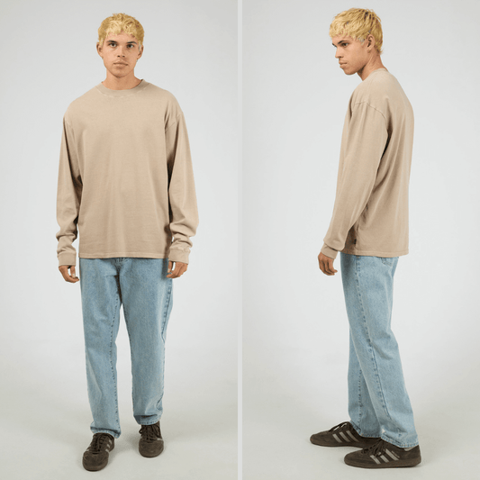 Front and Side views of Tan coloured Silent Theory Heavyweight Long Sleeve Tee 280GSM 100% cotton, available at Stewart’s Menswear Mullumbimby.