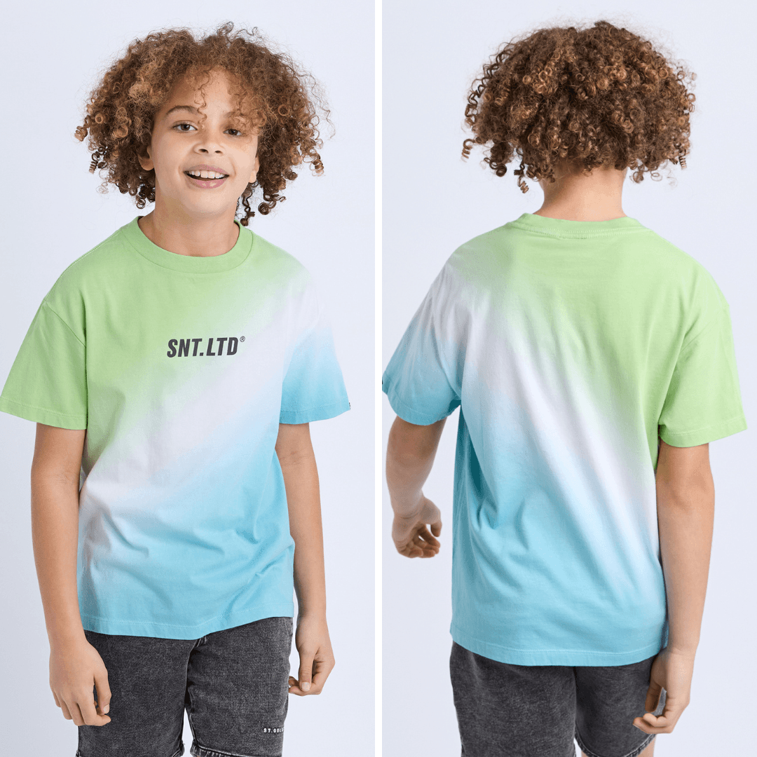 St Goliath Boys Fade Tee with green to blue dip dye and St Goliath chest branding, a soft cotton boys' t-shirt available at Stewart's Menswear Mullumbimby.