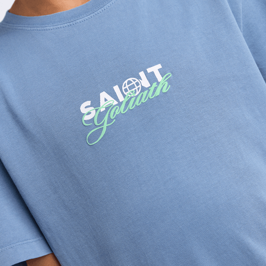 Close up view of St Goliath Boys Global Tee, 100% cotton crewneck tee for boys available at Stewart's Menswear Mullumbimby.