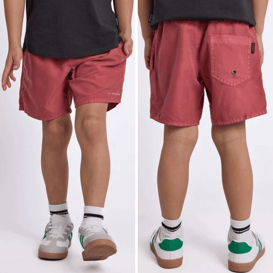 St Goliath Boys Illusion Short in washed red with elastic waist and small leg logo, quick drying kids' shorts available at Stewart's Menswear Mullumbimby.