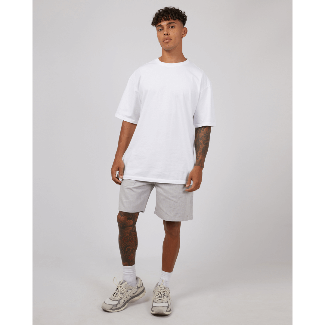Stewarts Menswear St Goliath Linen blend jogger short. Colour is light grey. Photo shows model wearing Linen blend jogger shorts.