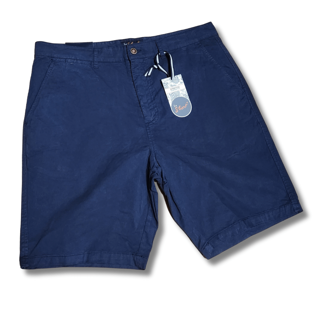 Stewarts Menswear Le Short stretch cotton shorts. Made with a blend of 97% cotton and 3% spandex, they offer a comfortable and flexible fit that moves with you throughout the day. These shorts come in a range of classic colours, making them easy to pair with your favourite summer shirts, and with a range of sizes available, there is a perfect fit for every body type. Colour is navy, Front view.