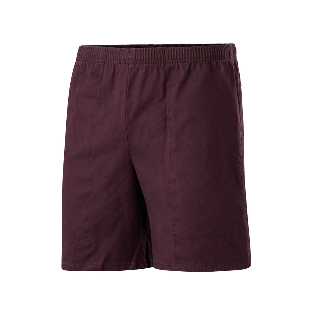 Stewarts Menswear Mullumbimby. Stubbies Ruggers pigment dyed shorts. Elastic waist Stubbies shorts, colour is plum.