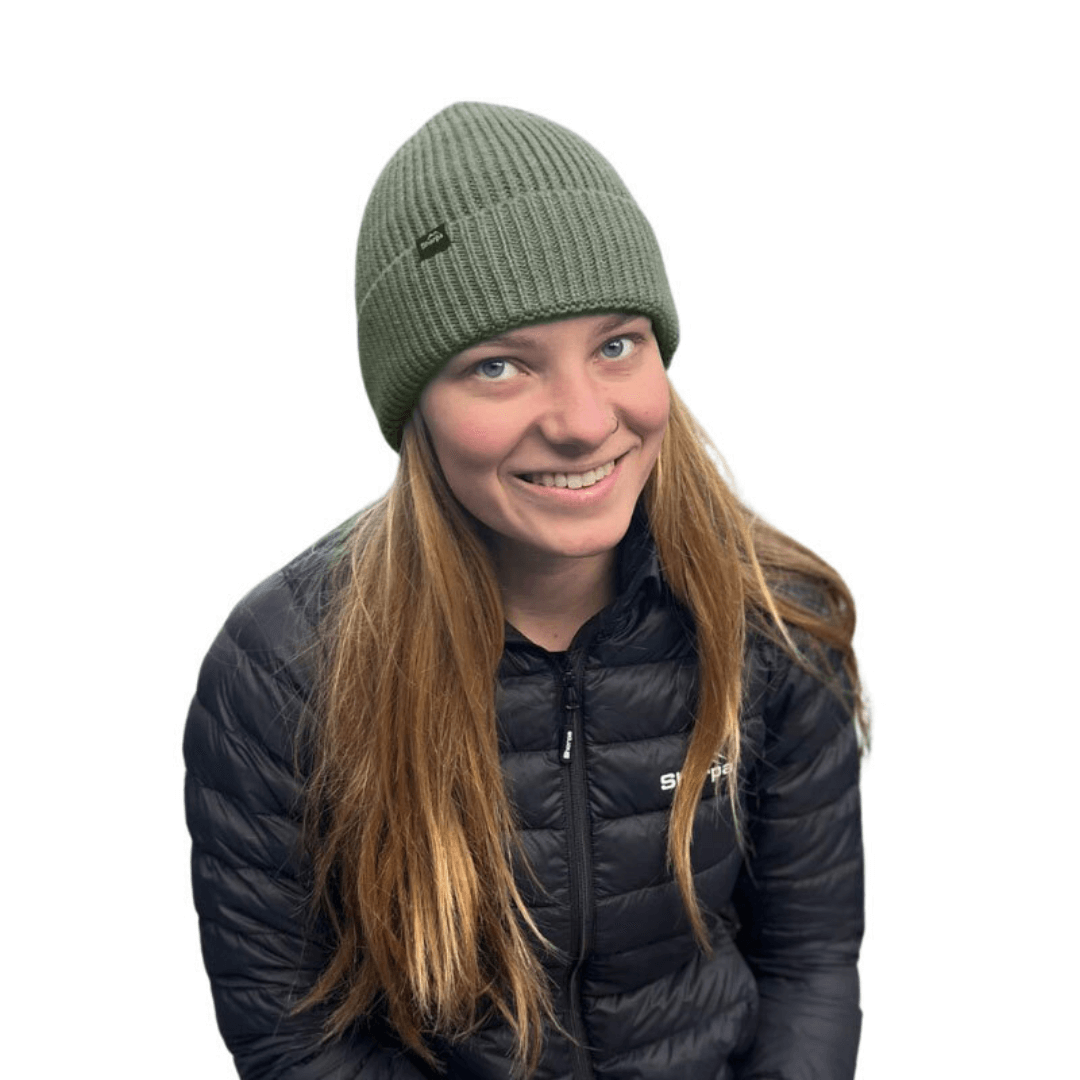 Model Wearing Sherpa Temba Beanie in 100% Australian merino wool with fold-up knit design, available at Stewart's Menswear Mullumbimby.