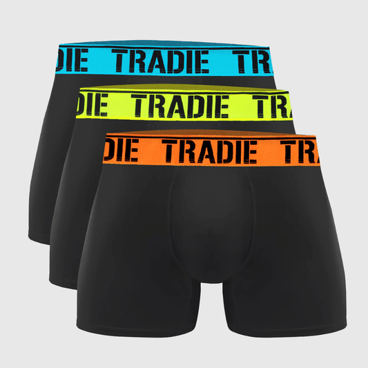 Tradie 3 Pack Fitted Trunks available at Stewart’s Menswear Mullumbimby. Men’s cotton stretch trunk underwear with fully lined pouch and everyday fit. 3 x black trunks each with different colour fluro elastic band.