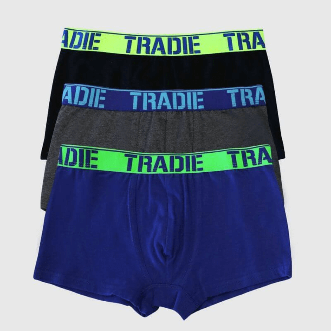 Stewarts Menswear Tradie boys 3 pack trunk. Colour is Energy. 1 x Royal blue pair, 1 x dark grey pair, and 1 x black pair.