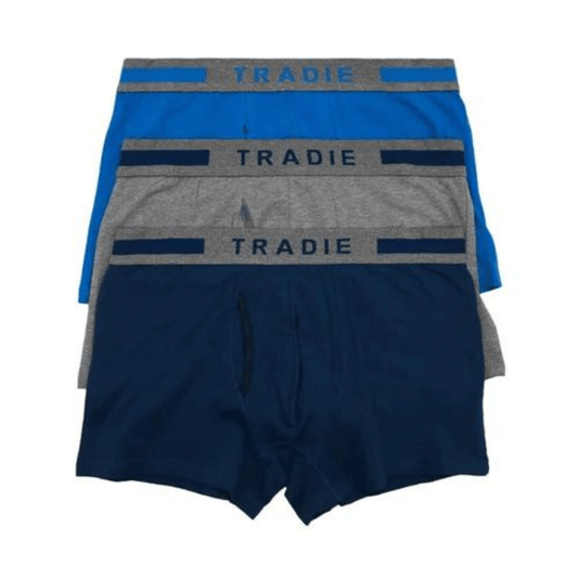 Stewarts Menswear Tradie underwear men's 3 pack fly front cotton trunk. Each Tradie fly front trunk pack contains 3 trunks made from a blend of cotton and elastane which is durable and designed to move with you.  The trunks feature a fully functioning fly front with fully lined pouch and a soft jacquard elastic waistband. Pack of three: 1 x Navy, 1 x Grey, 1 x Royal Blue