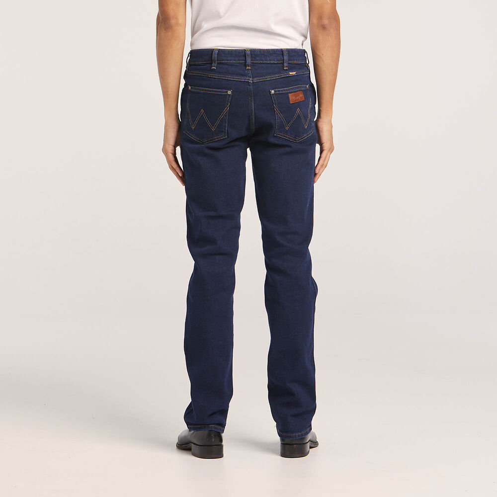 Stewarts Menswear Wrangler Classics straight Jeans. Colour is Original Rinse. Photo shows model wearing Wrangler jeans back view.