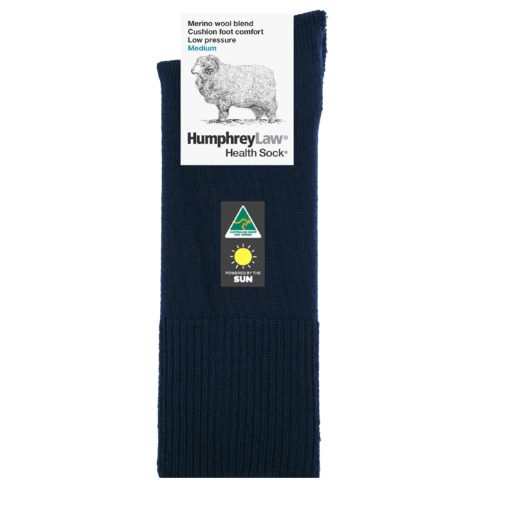 Humphrey Law Australian Made socks 60% Fine Merino Wool Low Pressure Cushion Sole Health Sock. Colour is Navy.