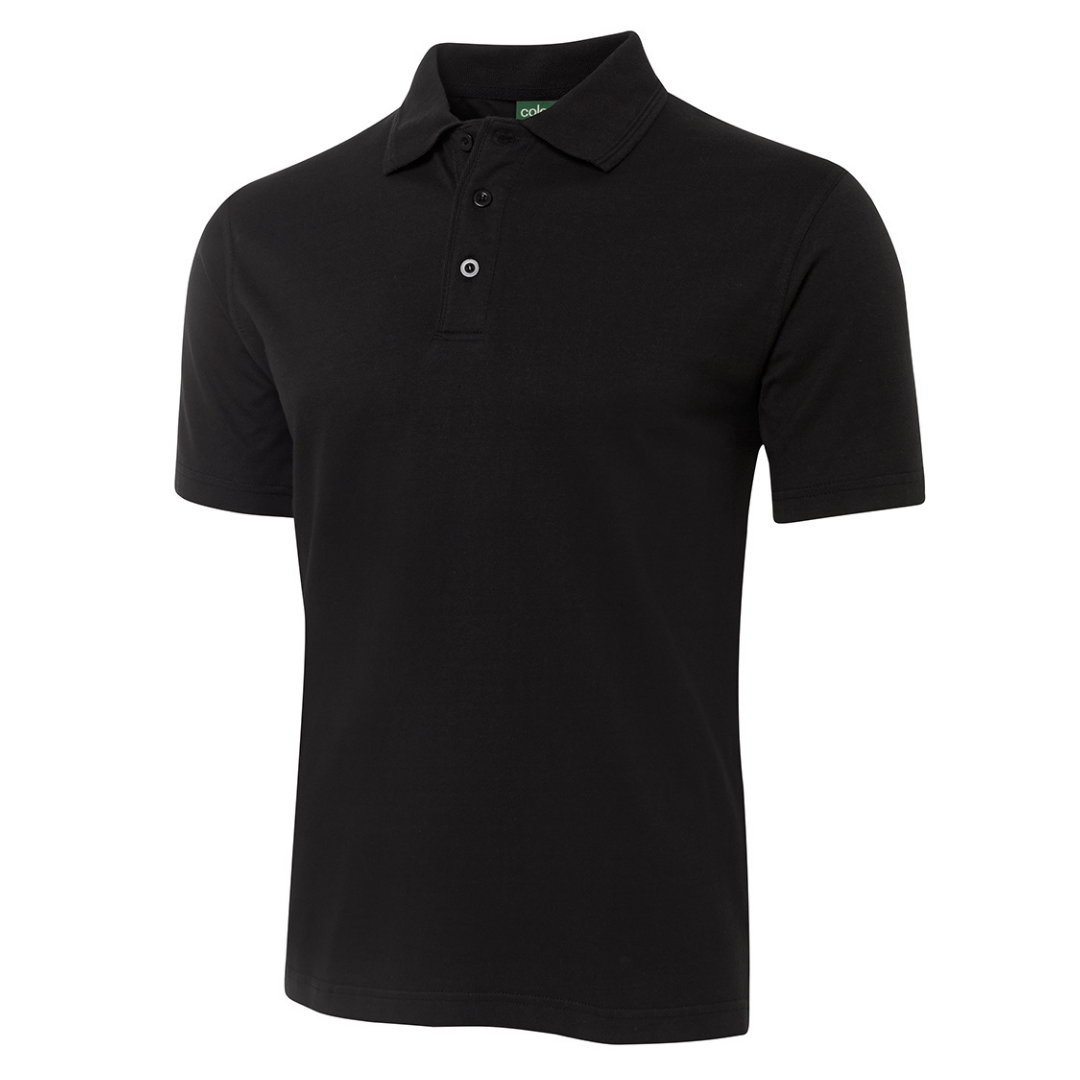 Stewart's Menswear JBs wear 100% cotton jersey polo shirt. A 100% cotton jersey polo shirt with a classic fit, it is ideal for hospitality, school or everyday wear. Made from premium cotton jersey knit fabric of 190gm weight, for comfort and durability. Featuring raised edging detail on the knitted collar and reinforced tape on the inside neck seam and placket, it is designed to stand the test of time. Side splits with reinforced tape provide added comfort and movement. Colour is Black