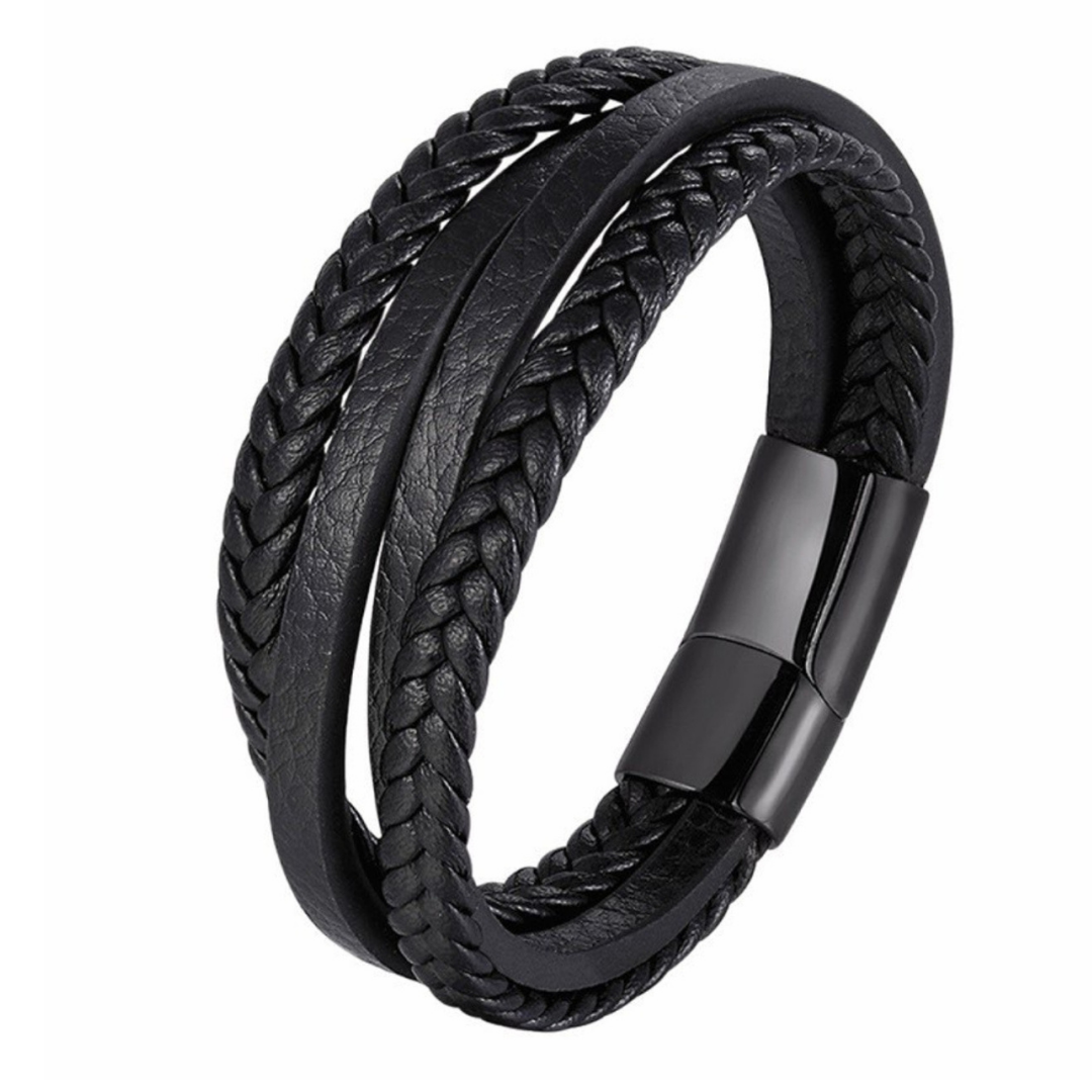  Leather Flat & Braided Four Stack Men's Bracelet.  Relaxed, yet a stylish look, for everyday wear.  Lightweight genuine leather wristband that instantly adds personality.  Genuine leather meets a stainless steel slide clasp creating the perfect accessory.  The inbuilt magnetic lock makes fastening and removing simple.  The perfect gift for the guy who enjoys accessorising.