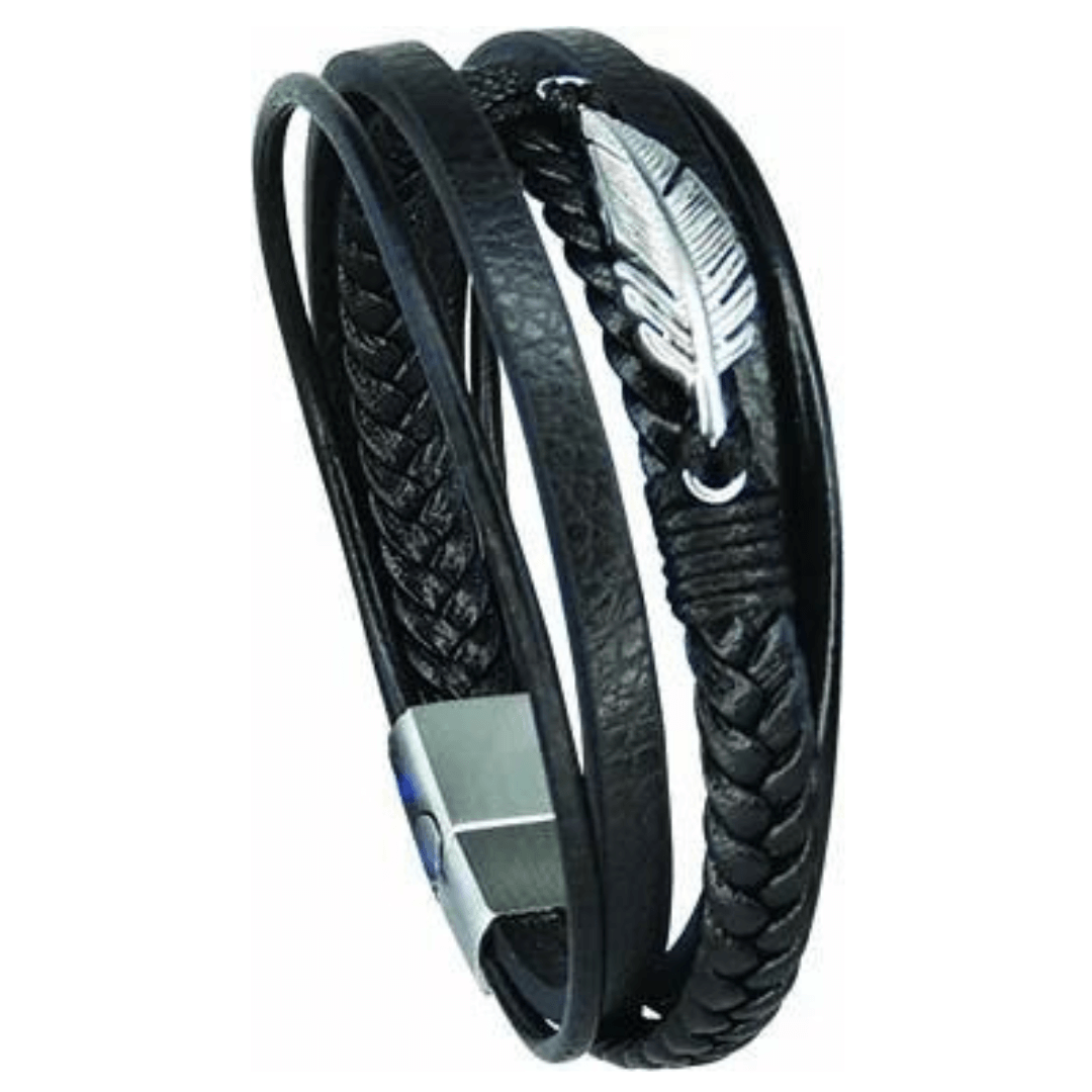 Stewart's Menswear Mullumbimby Men's leather bracelet - Totem. Genuine Leather & Stainless Steel Men's Bracelet. Relaxed, yet a stylish look, for everyday wear. Lightweight genuine leather wristband that instantly adds personality. Genuine leather meets a stainless steel slide clasp creating the perfect accessory. The inbuilt magnetic lock makes fastening and removing simple. The perfect gift for the guy who enjoys accessorising.