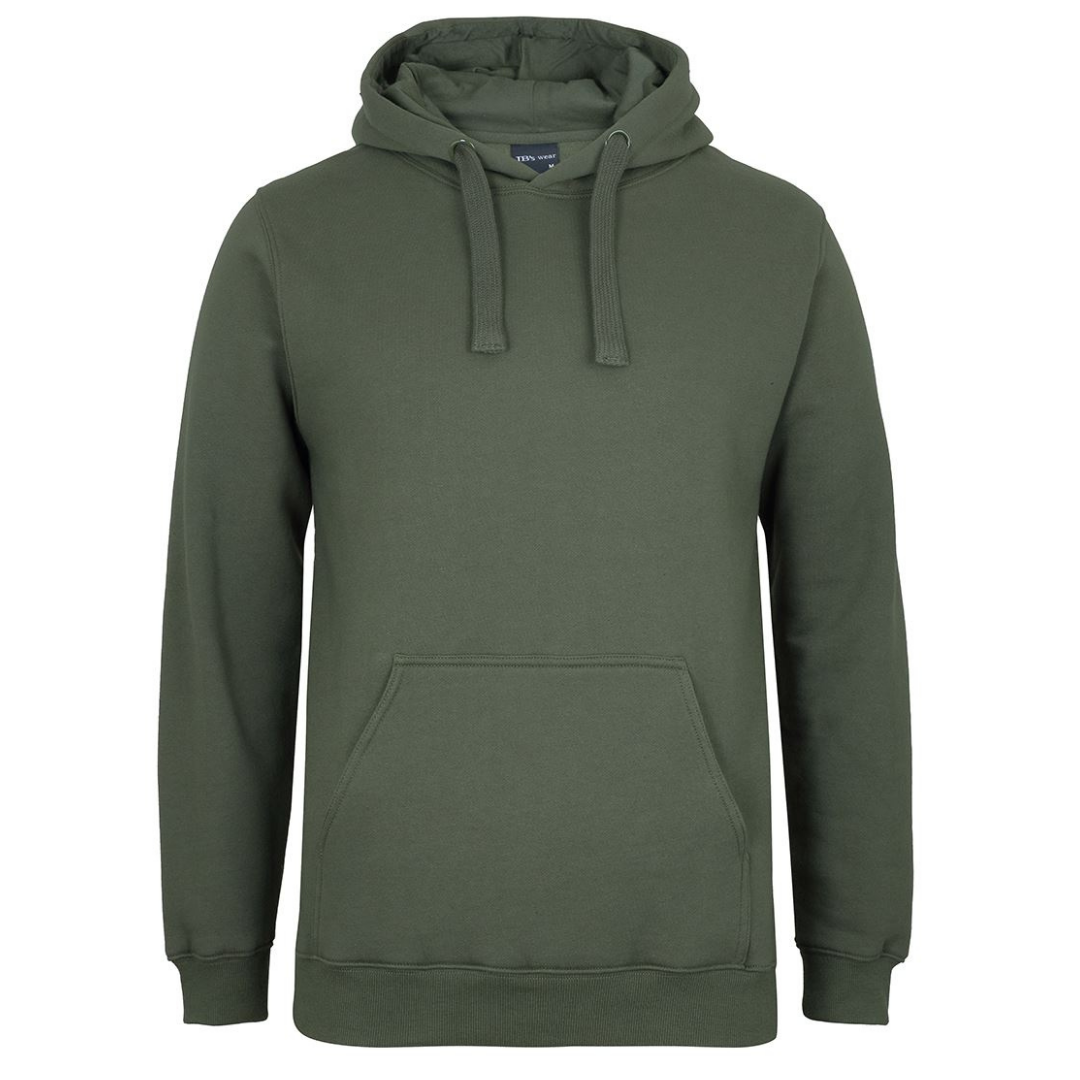 Stewart's Menswear Mullumbimby Fleecy Hoodie. The JB's Wear Fleecy Hoodie is made with quality (80% Cotton 20% Polyester) cotton rich fleece. Soft and Comfortable, durable and longlasting, classic design with handy front pocket for your essentials. Colour is Army