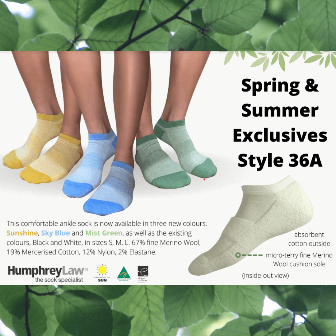 If you are looking for the best socks to wear with sneakers, the fine merino wool ankle sock is a great option. This sock has fine merino wool cushion inside for bounce and absorbency but is still fine enough to fit in any runners. The mercerised cotton on the outside absorbs sweat keeping your feet comfortable. An advertising brochure picturing all colours of the ankle sock.