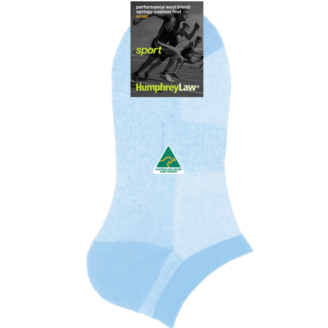 If you are looking for the best socks to wear with sneakers, the fine merino wool ankle sock is a great option. This sock has fine merino wool cushion inside for bounce and absorbency but is still fine enough to fit in any runners. The mercerised cotton on the outside absorbs sweat keeping your feet comfortable. A short ankle sock pale blue/white coloured with sky blue heel, toe and ankle top.