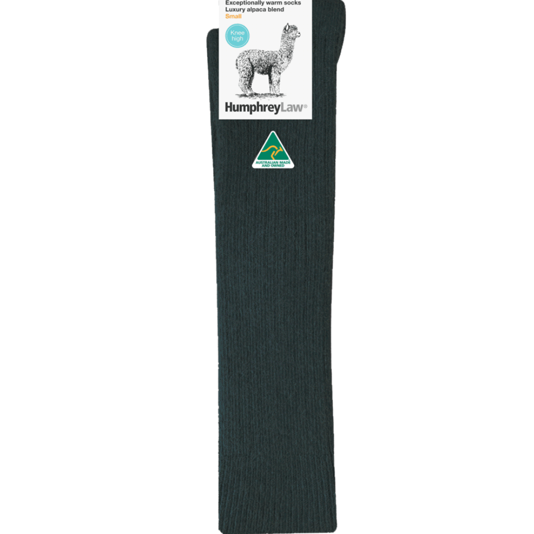 Stewarts Menswear Humphrey Law Australian made alpaca/wool blend knee-hi socks. An exceptionally warm luxury knee-high sock made with a blend of alpaca and wool. Alpaca fibre is soft, supple and smooth and contains microscopic air pockets which act as insulators keeping in the warmth provided by the wool. Please note as alpaca is a luxury fibre these socks are not recommended for high abrasion use such as work boots. Colour is Charcoal.