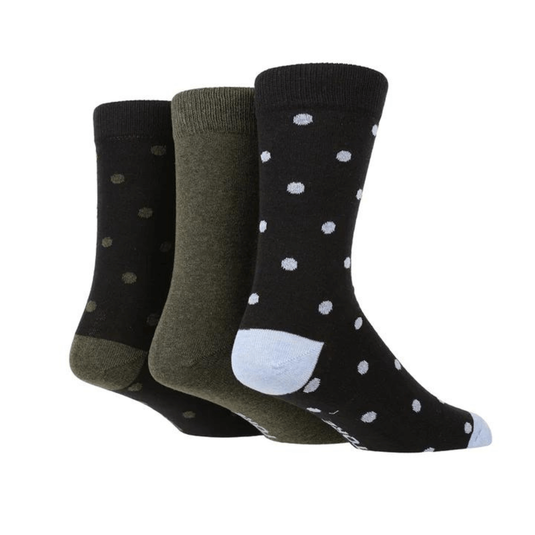 Stewart's Menswear TORE recycled socks. Men's jacquard bold spot crew socks. One pair each of Black with Grey spots/Plain Grey/Navy with light blue spots. The world's first range of socks that are 100% certified as totally recycled. All materials used in the manufacturing process are sourced from existing resources on our planet.  Even the packaging is recycled and printed using plant based inks! TORE® is committed to the belief that "your socks shouldn't cost the earth".