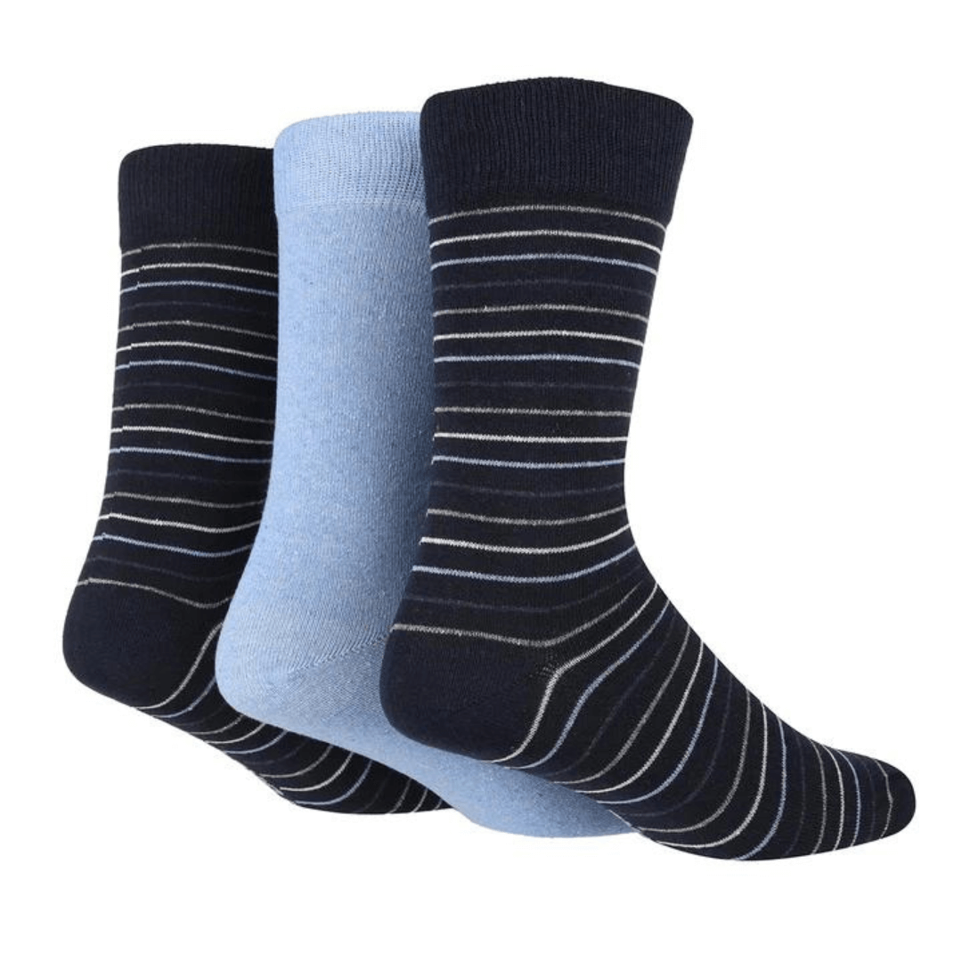 Stewart's Menswear TORE recycled socks. Men's jacquard Multi Stripe crew socks. Two pairs of Navy with white and light blue fine stripes/One plain light blue. The world's first range of socks that are 100% certified as totally recycled. All materials used in the manufacturing process are sourced from existing resources on our planet.  Even the packaging is recycled and printed using plant based inks! TORE® is committed to the belief that "your socks shouldn't cost the earth".