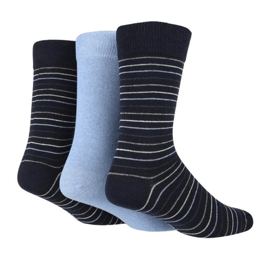 Stewart's Menswear TORE recycled socks. Men's jacquard Multi Stripe crew socks. Two pairs of Navy with white and light blue fine stripes/One plain light blue. The world's first range of socks that are 100% certified as totally recycled. All materials used in the manufacturing process are sourced from existing resources on our planet.  Even the packaging is recycled and printed using plant based inks! TORE® is committed to the belief that "your socks shouldn't cost the earth".