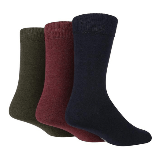 Stewart's Menswear TORE recycled socks. Men's plain crew socks. One pair each of Charcoal, Burgundy and Navy. The world's first range of socks that are 100% certified as totally recycled. All materials used in the manufacturing process are sourced from existing resources on our planet.  Even the packaging is recycled and printed using plant based inks! TORE® is committed to the belief that "your socks shouldn't cost the earth".