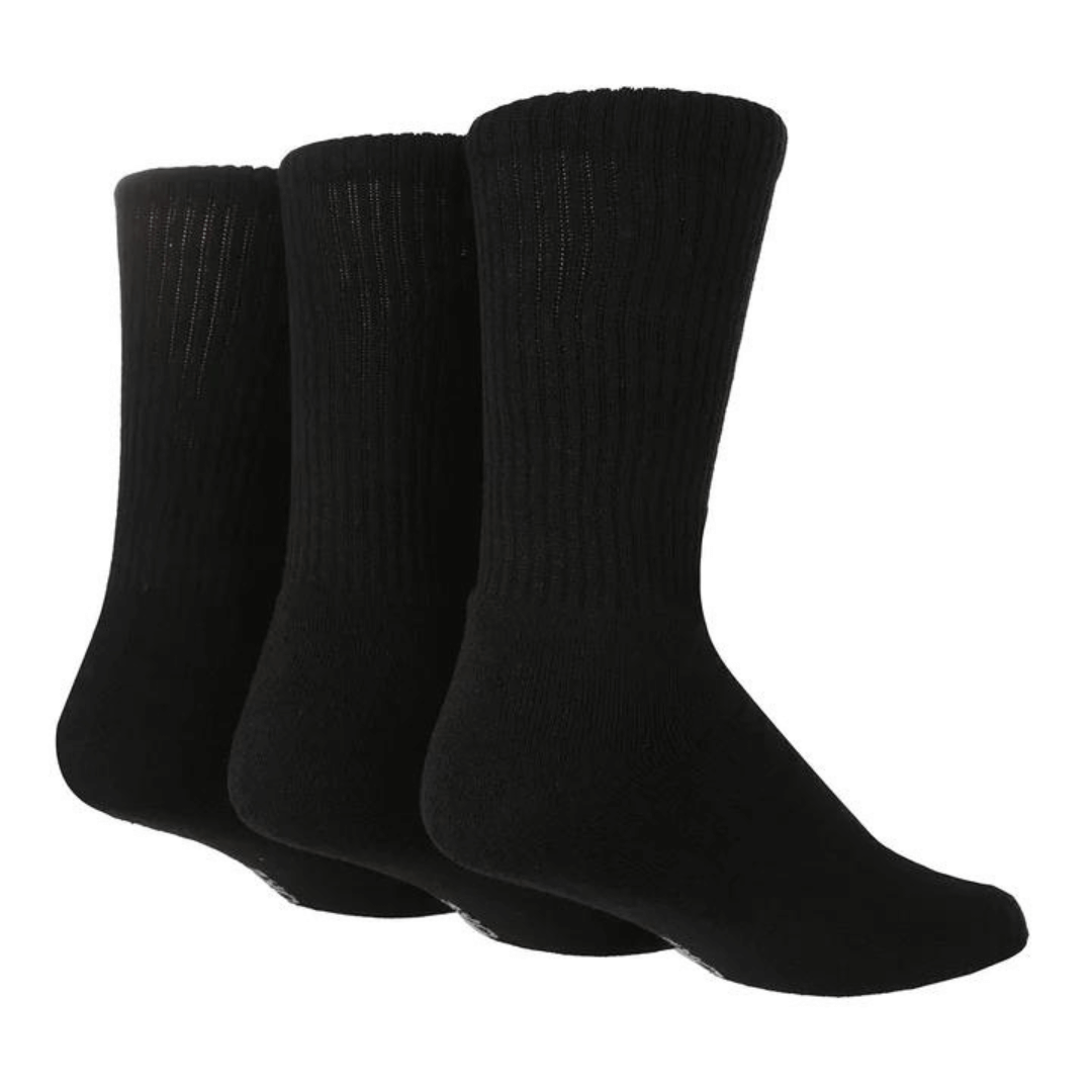 Stewart's Menswear TORE recycled socks. Men's plain sports crew socks.  Three pairs of black socks. The world's first range of socks that are 100% certified as totally recycled. All materials used in the manufacturing process are sourced from existing resources on our planet.  Even the packaging is recycled and printed using plant based inks! TORE® is committed to the belief that "your socks shouldn't cost the earth".