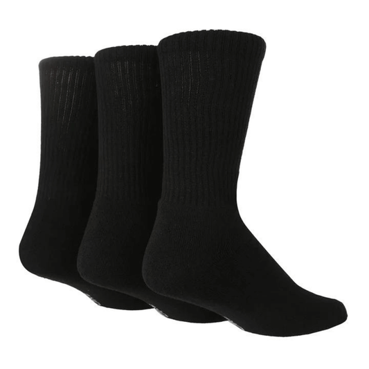 Stewart's Menswear TORE recycled socks. Men's plain sports crew socks.  Three pairs of black socks. The world's first range of socks that are 100% certified as totally recycled. All materials used in the manufacturing process are sourced from existing resources on our planet.  Even the packaging is recycled and printed using plant based inks! TORE® is committed to the belief that "your socks shouldn't cost the earth".