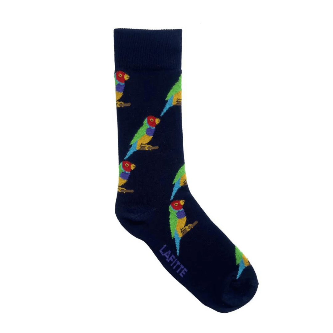 Lafitte have designed this Australian made range of super comfortable bamboo socks to bring awareness to Australia's most endangered species. Gouldian Finch numbers have declined significantly over the past 100 years, going from hundreds of thousands of birds to a current estimated population of just 2,500. Navy coloured sock with Gouldian Finch images.