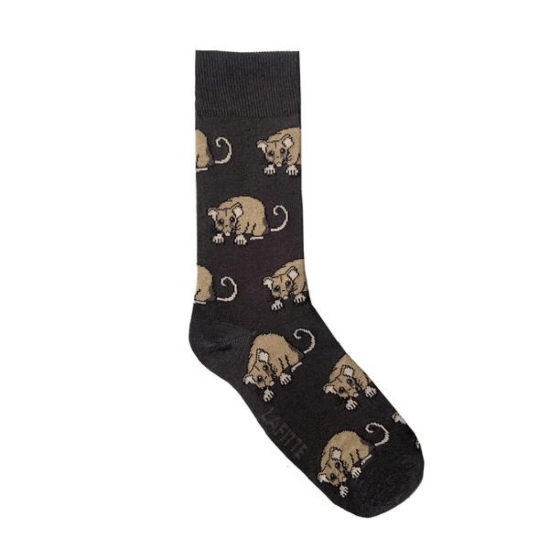 Lafitte have designed this Australian made range of super comfortable bamboo socks to bring awareness to Australia's most endangered species. The critically endangered Mountain Pygmy-Possums were believed to be extinct until they were rediscovered in the 1960s. There are now fewer than 2,000 left in the wild. Charcoal coloured sock with pygmy possum images.