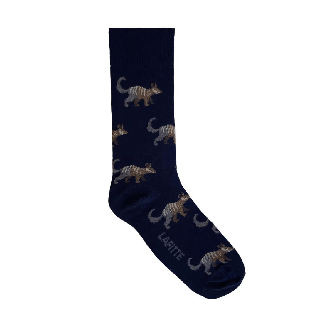 Lafitte have designed this Australian made range of super comfortable bamboo socks to bring awareness to Australia's most endangered species. Numbats are an Australian marsupial who are nearing extinction with less than 1000 mature numbats estimated to now be in existence. Navy coloured socks with numbat images.