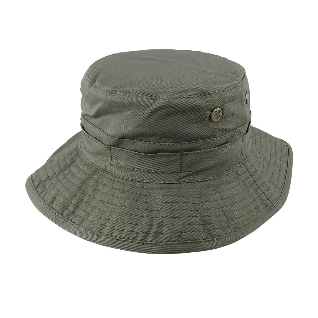 Stewarts Menswear Avenel Hats Cotton Bush Hat. A packable, lightweight hat that is extremely durable and comfortable with a classic design that offers great UPF50+ sun protection. Great for outdoor work and outdoor activities such as camping, hiking or fishing. Easily packable which makes is ideal for travelling as well. Colour is Olive.
