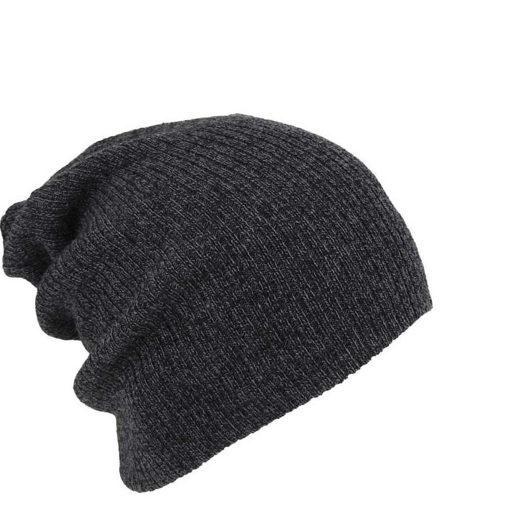 Acrylic rib knit slouch beanie. Colour is grey.