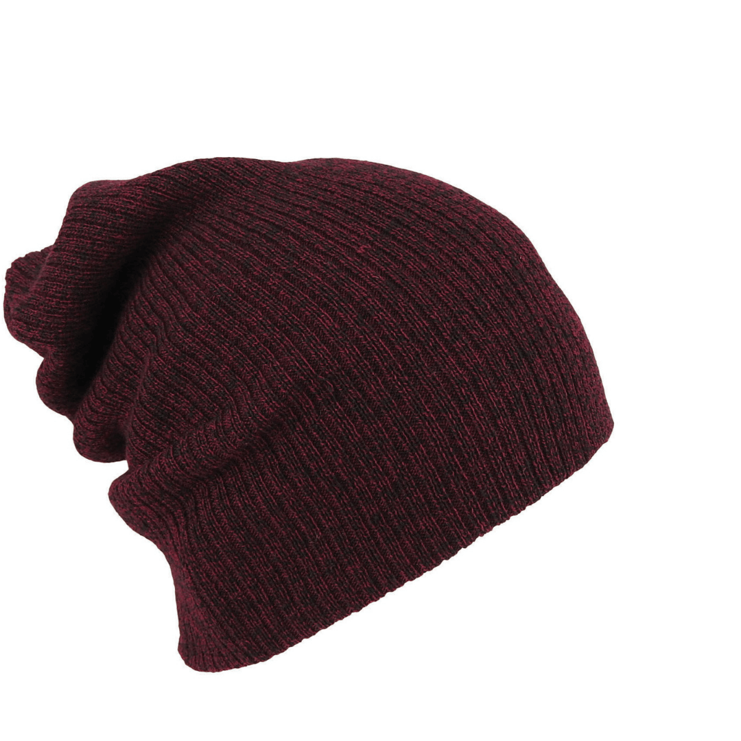 Acrylic rib knit slouch beanie. Colour is maroon.