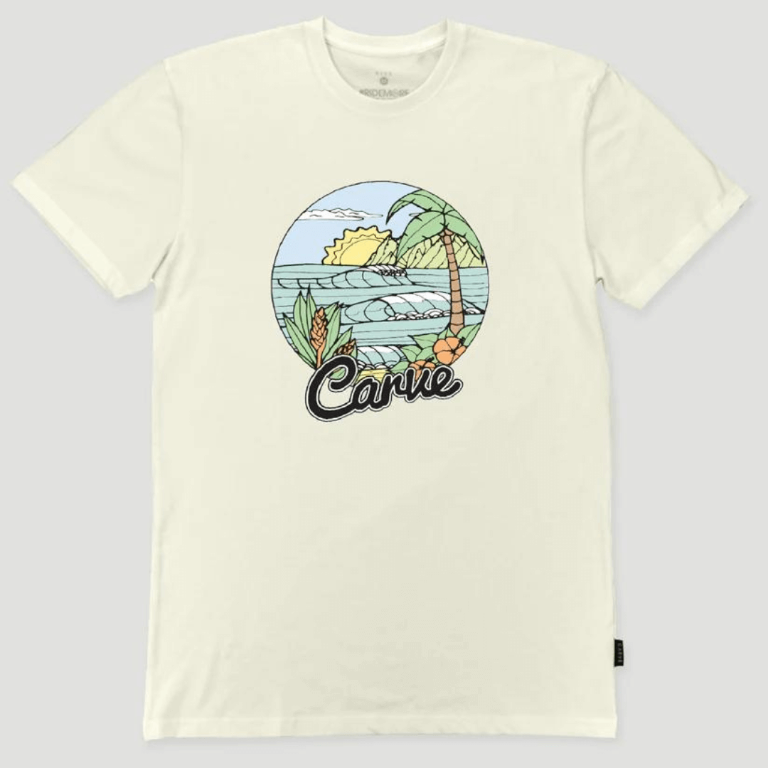 Look hot and stay cool in a 100% cotton Tee-shirt from Carve surfwear. This is a regular fit men's short sleeve T-shirt with Carve chest print which has a true retro vibe. Perfect for a day at the beach, afternoon drinks at the pub or any other weekend adventure. 160g Combed cotton jersey, colour is whipped butter (a light creamy colour). Image is retro beach scene in a circle.