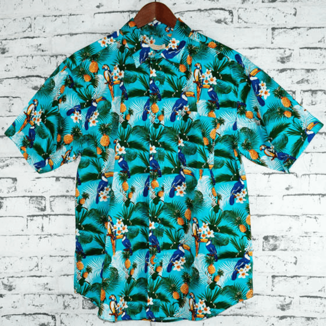 These Men's Hawaiian shirts are unlike the others you might have seen.  They are made from 100% cotton, not like the cheaper polyester versions.  Great for a summer party - cool, comfortable and funky!! Fun Toucan print with pineapples and palm trees.