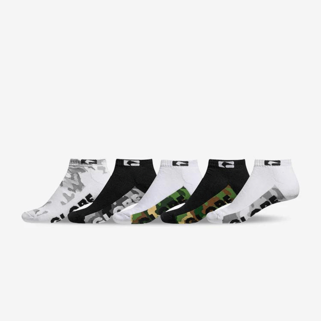 75% Cotton socks. Globe ankle socks 5 pack. Globe malcom socks. Mixture of 2 x black and 3 x white ankle socks with Camo print on sole.