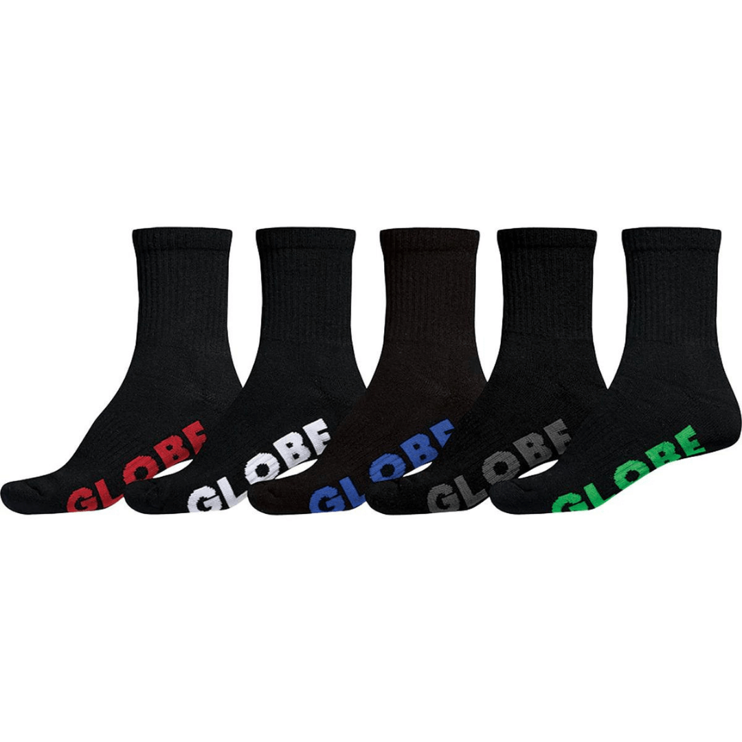 Stewart's Menswear Globe Crew Socks 5 pack. 75% Cotton socks. Globe stealth socks. 5 x black crew socks with GLOBE written in different colour on sole of each pair.