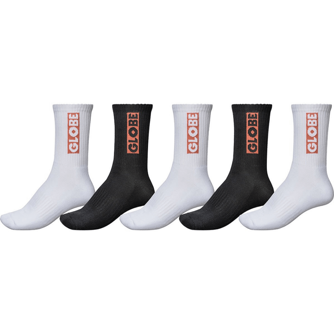 Stewart's Menswear Globe Crew Socks 5 pack. 75% Cotton socks. Globe bar socks. Mixture of 2 x black and 3 x white socks in pack with red Globe logo on side.