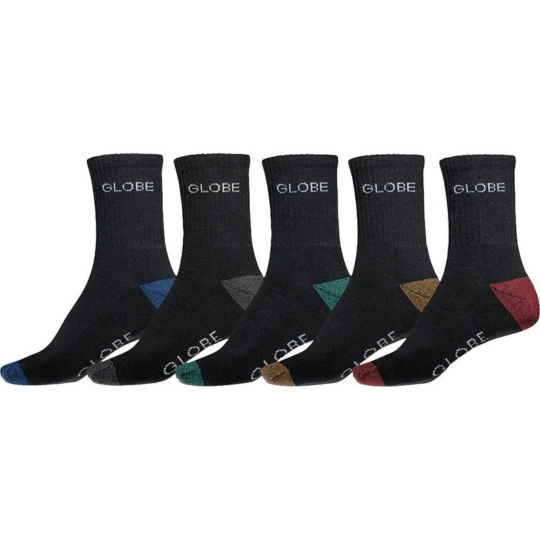 Stewart's Menswear Globe Crew Socks 5 pack. 75% Cotton socks. Globe Ingles socks. 5 x black crew socks with GLOBE written in white around the top of sock. Different heel/toe colour on each of the 5 pair.