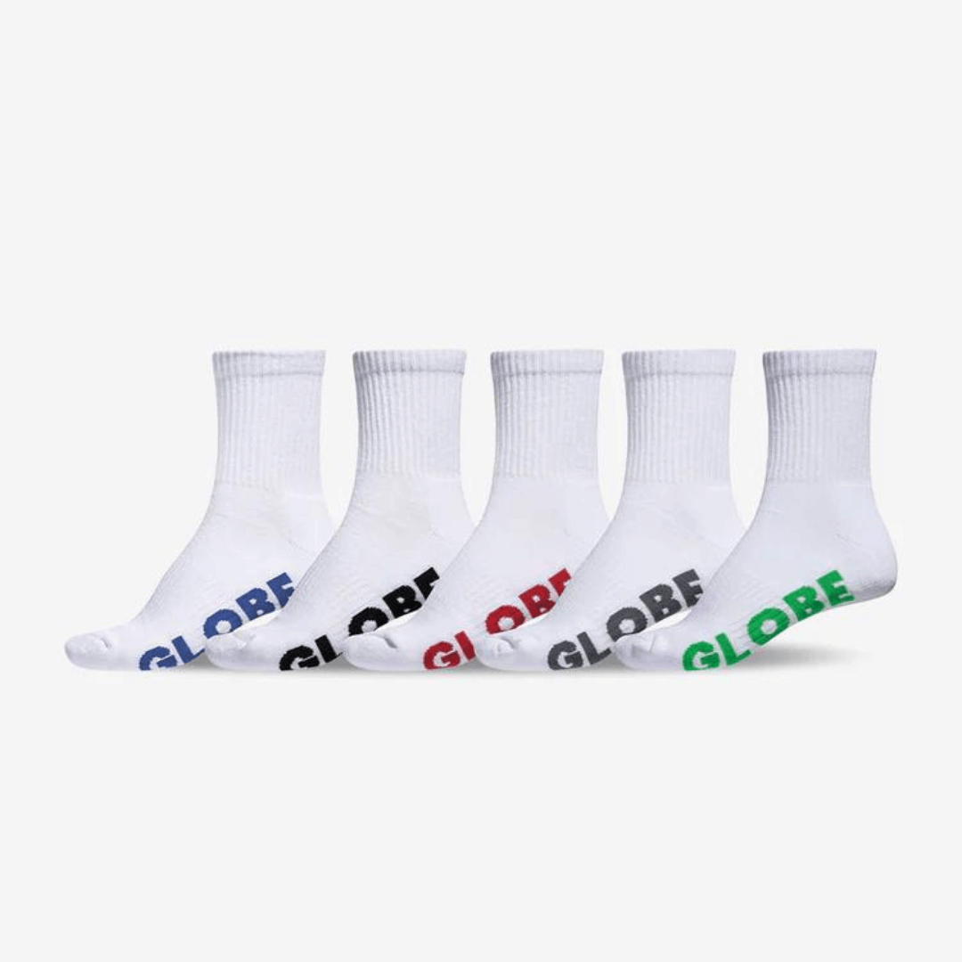 Stewart's Menswear Globe Crew Socks 5 pack. 75% Cotton socks. Globe stealth socks. 5 x white crew socks with GLOBE written in different colour on the sole of each pair.