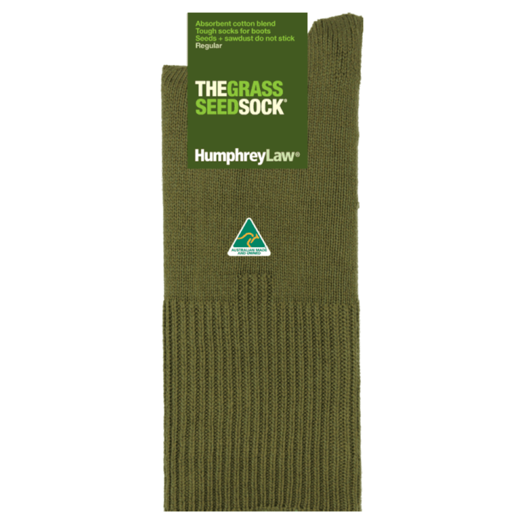 Stewarts Menswear Humphrey Law Australian Made socks, the Grass Seed sock, an absorbant and hardwearing sock, excellent in boots and gum boots. Made from a unique cotton blend, the Grass Seed Sock is knitted with a thick, slippery cotton yarn that allows grass seeds and sawdust to slip off. Extra reinforcing in the heel and toe, make them even more hard-wearing and long-lasting and true rib top provides sideways stretch.