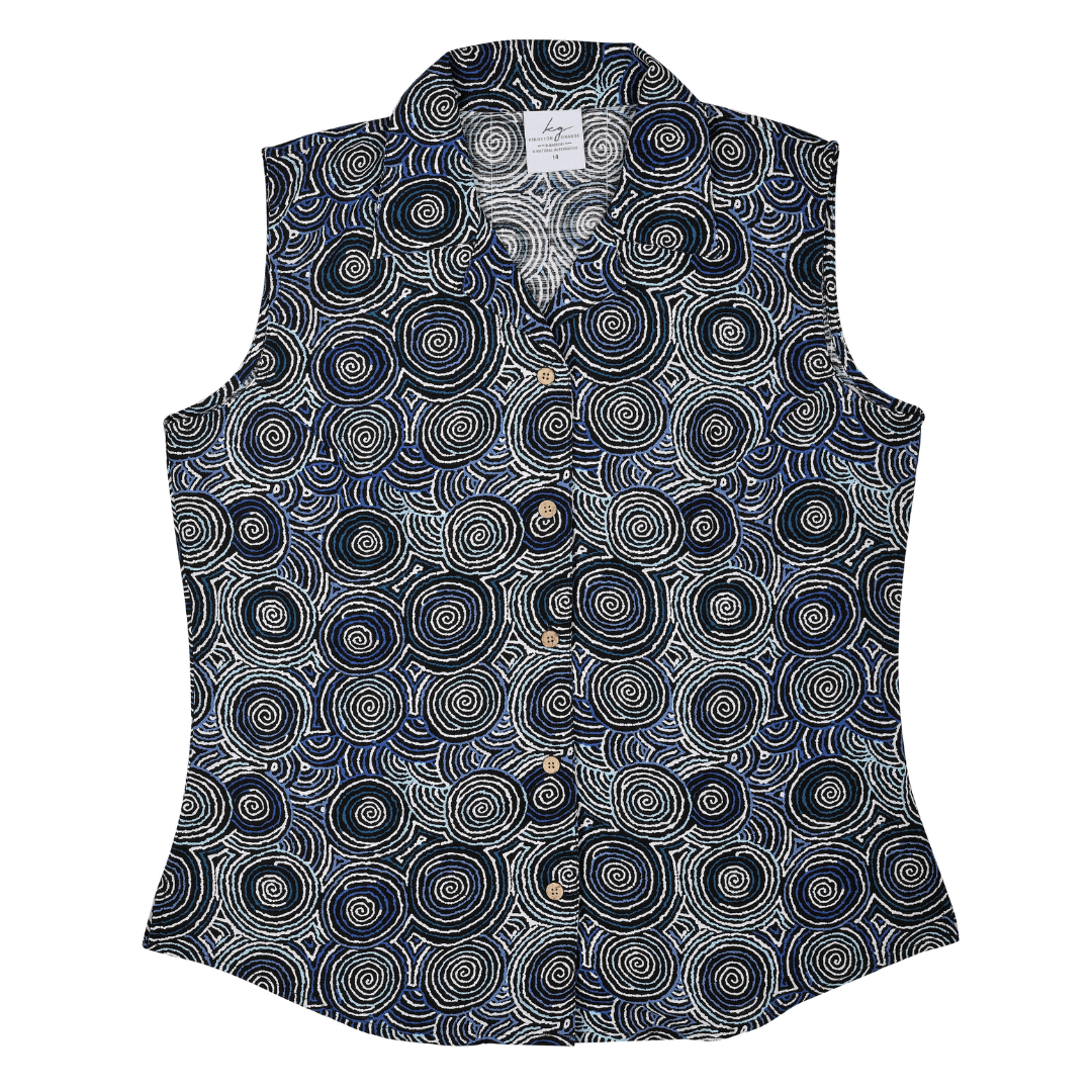 When it comes to keeping cool in summer, these ladies sleeveless bamboo shirts are the perfect solution. Bamboo is a luxurious, light, breathable fabric which is so comfortable to wear. Ladies Bamboo sleeveless top. Colour is Mina Mina, an indigenous circle print featuring Blues, whites, black colours.