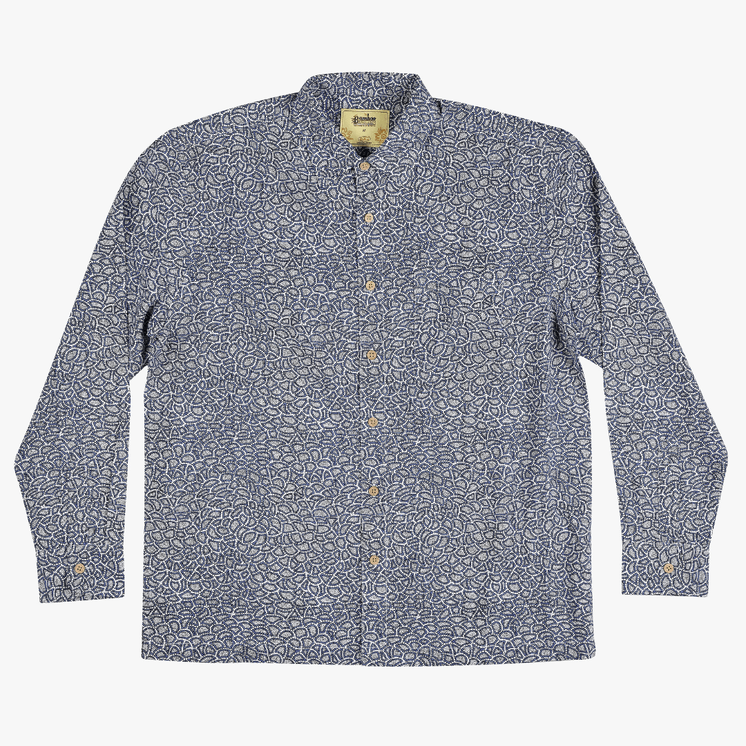 Stewart's Menswear Kingston Grange Bamboo Dreaming long sleeve shirt. Made from 65% bamboo fibre and 35% Cotton. These shirts are not only lightweight, but also incredibly cool and comfortable to wear. Each shirt features a print designed by the Aboriginal artists of the Warlukurlangu Artists Aboriginal Corporation and a portion of each sale is given back to their Communities. Print is Warntungurru which is an all over Navy/Grey/white aboriginal dot print.