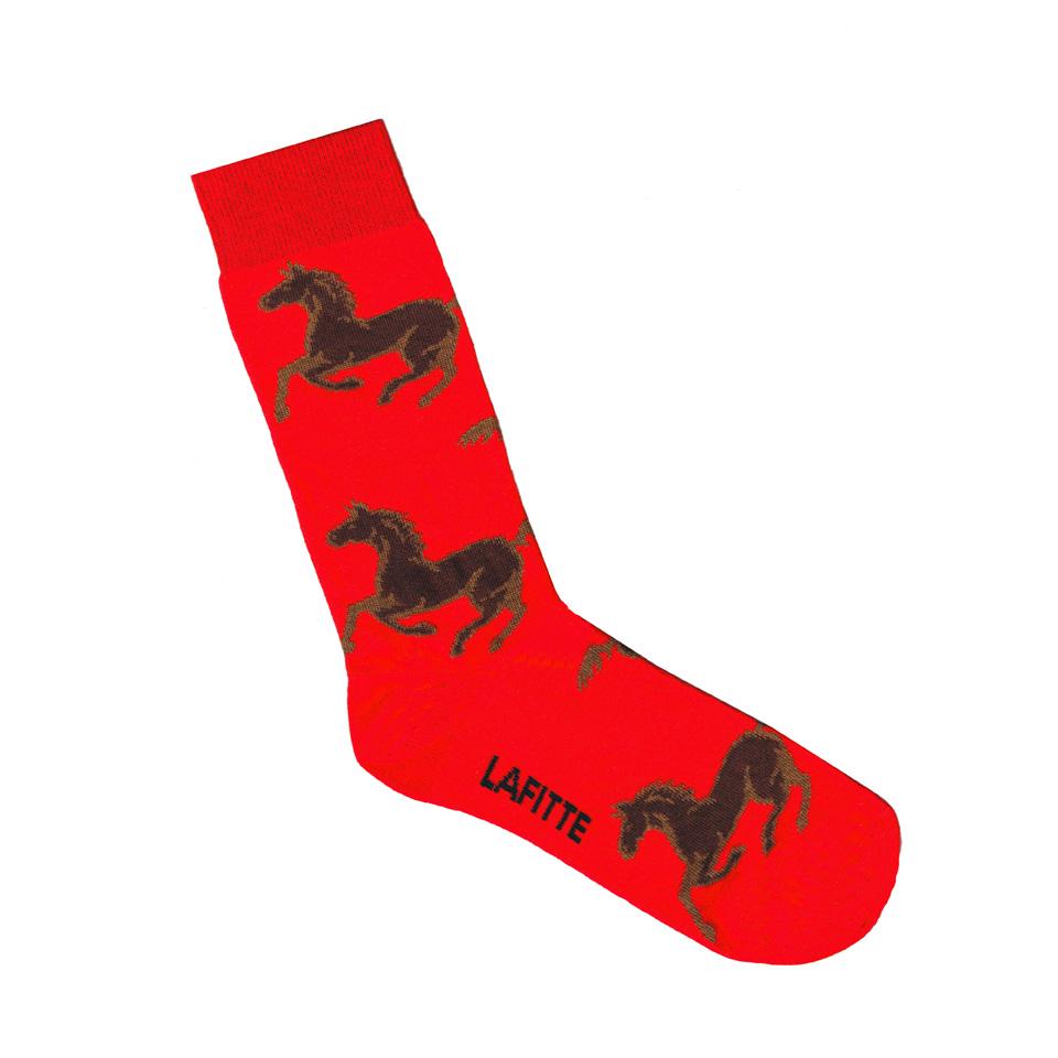 Australian made novelty socks. Colour is red with Horses all over.