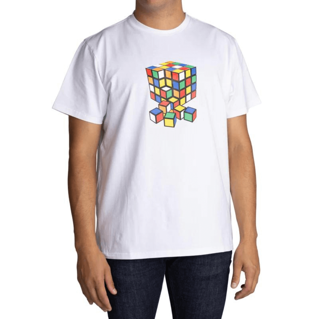 Men's cotton printed t-shirt. That Cube is a fun retro rubiks cube print. Printed on a white background, it is a fun retro classic white tee-shirt.