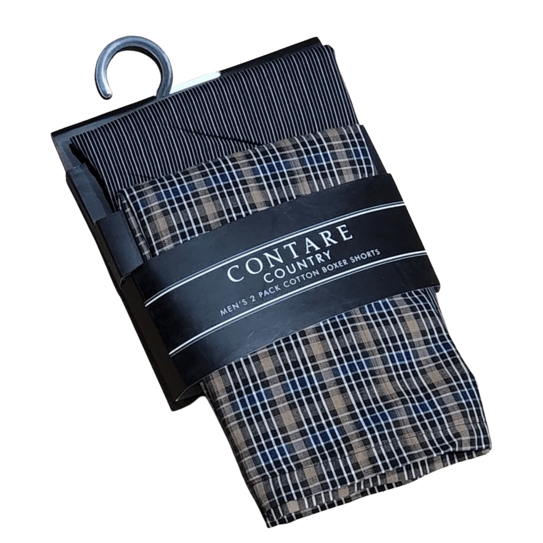 Stewarts Menswear Mens 100% cotton boxer shorts 2 pack.Display photo of 2 pack cotton boxer shorts. Brand is Contare. Colour is one pair black/stone tones checks and one pair grey/white fine stripe.