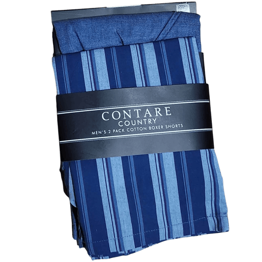 Stewarts Menswear Mens 100% cotton boxer shorts 2 pack. Display photo of 2 pack cotton boxer shorts. Brand is Contare. Colour is one pair Grey and one pair light blue/dark blue stripe.