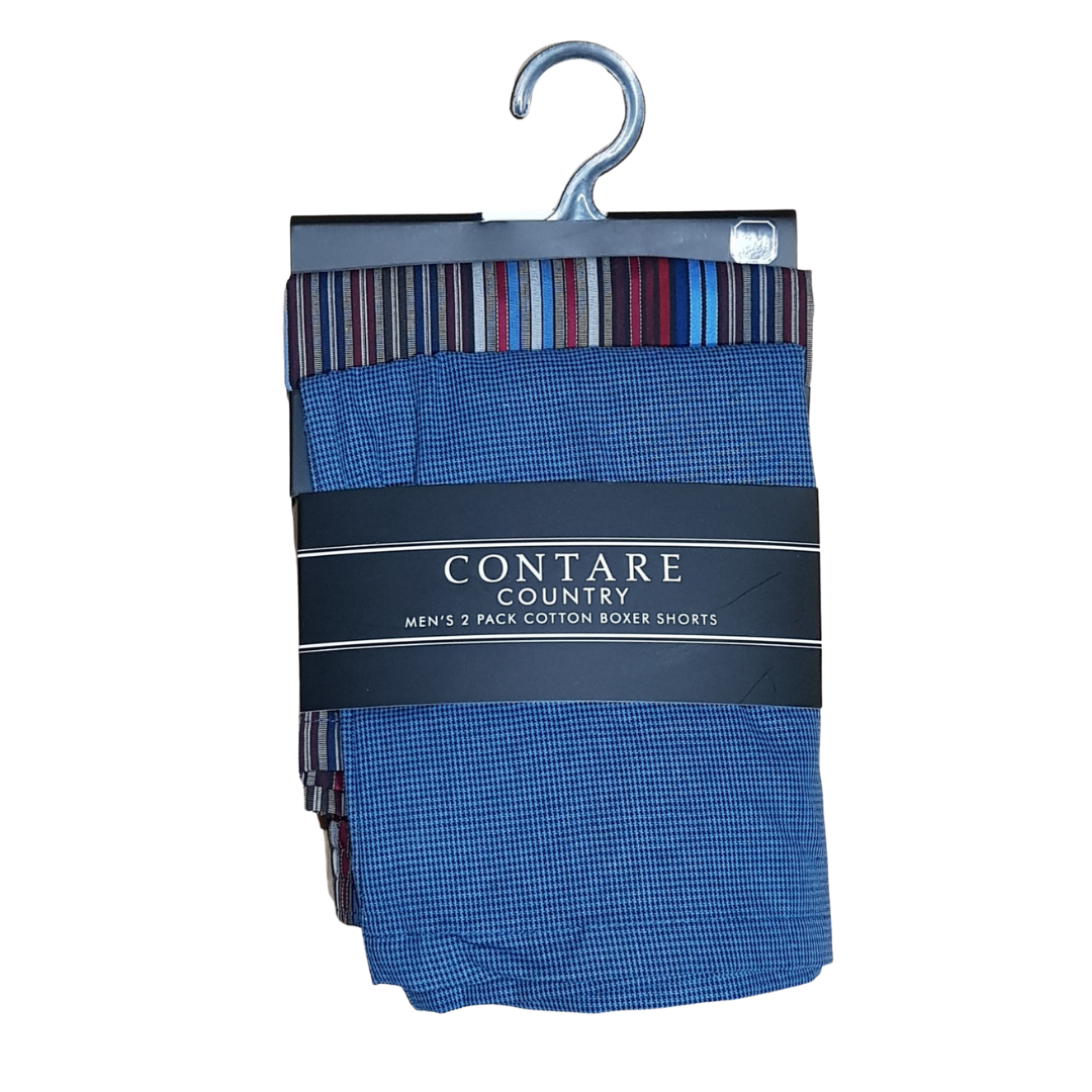 Stewarts Menswear Mens 100% cotton boxer shorts 2 pack.Display photo of 2 pack cotton boxer shorts. Brand is Contare. Colour is one pair red/blue tone stripes and one pair blue.