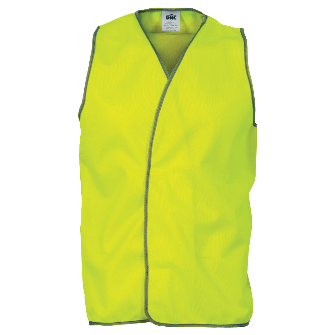 A yellow high visibility safety vest with front hook and loop fasteners and reflective patches.